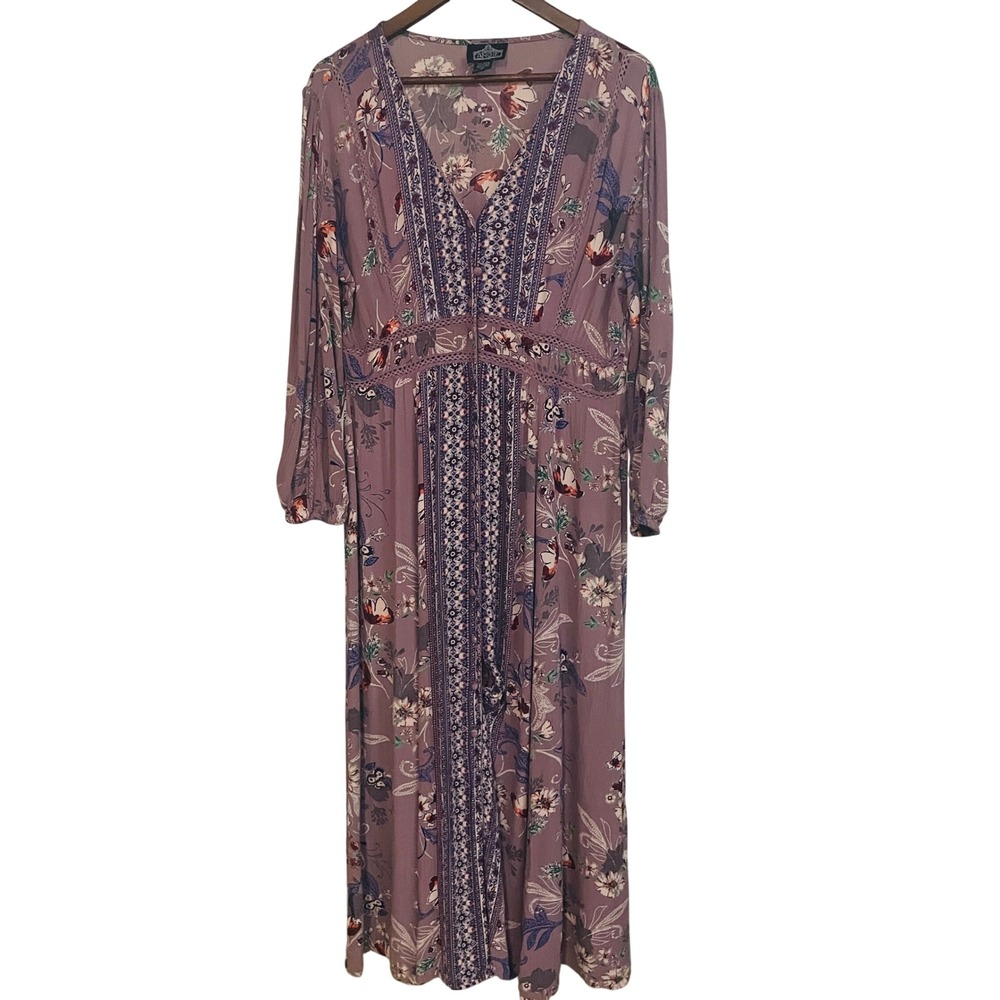 Angie Boho Fairy Floral Button Maxi Dress L Crochet Trim Cottage Peasant Granola
